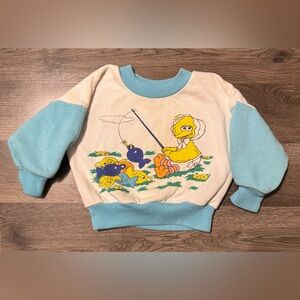 VTG 80s Sesame Street Baby Big Bird Fishing Double Sided Sweater Infant 12-18 Mo